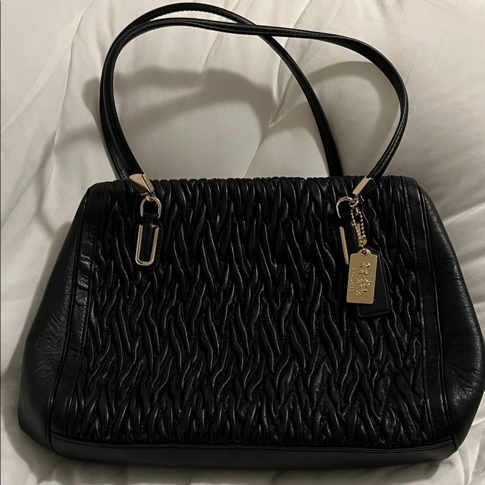 Coach Madison Black Gathered Leather Shoulder Bag with Gold Hardware